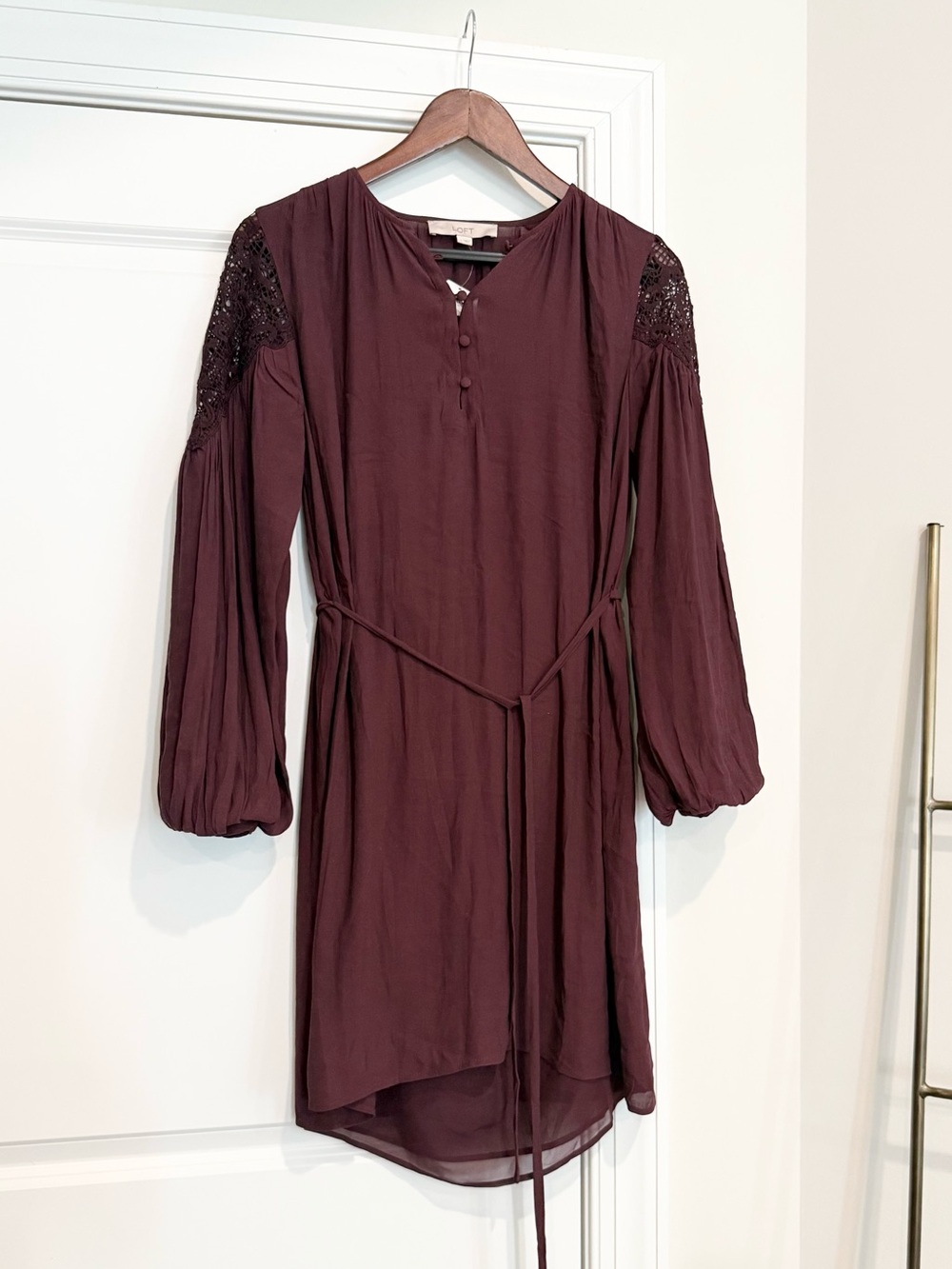 NWT LOFT Burgundy Long-Sleeve Dress with Lace Shoulder Details